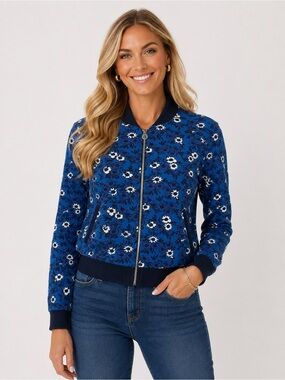 Draper James Floral Bomber Jacket Blue White Zip Preppy Cotton Modal Size M